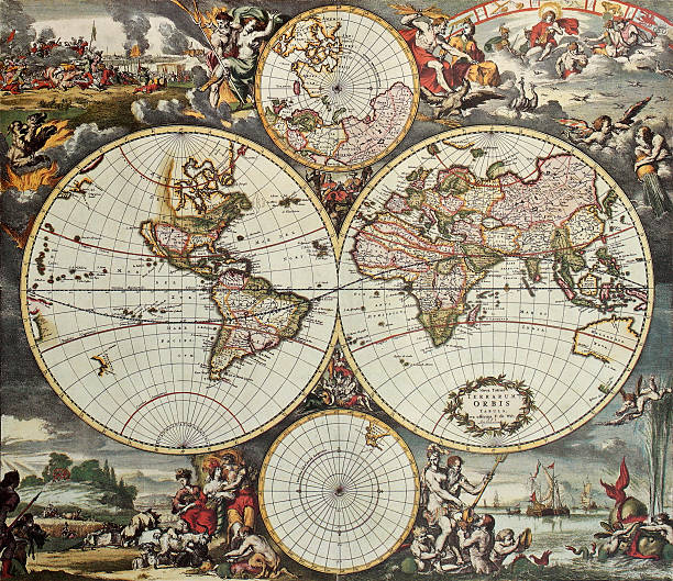 World hemispheres old map Old map of world hemispheres. Created by Frederick De Wit, published in Amsterdam, 1668 vintage maps stock illustrations