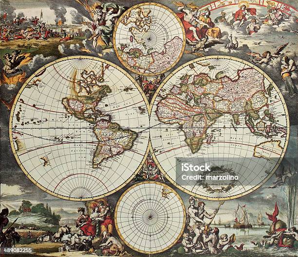 World Hemispheres Old Map Stock Illustration - Download Image Now - World Map, Map, Old