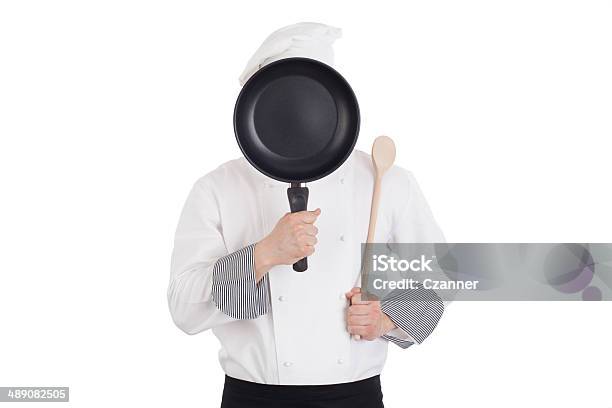 Chef Behind Pan Stock Photo - Download Image Now - Adult, Adults Only, Apron