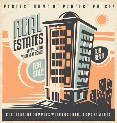 Real estates vintage ad design concept. Residential building retro poster template. House for rent. Home for sale. Promotional document mock up.