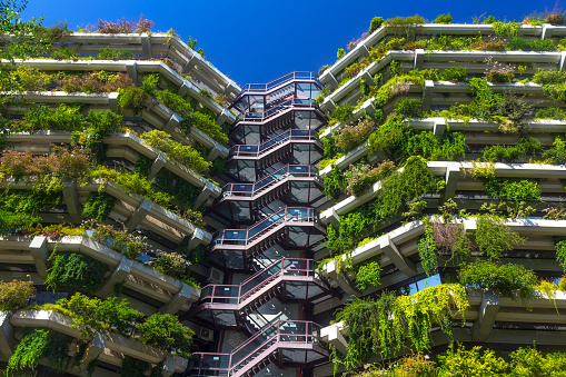 Fire escape in apartment building, Barcelona, Spain