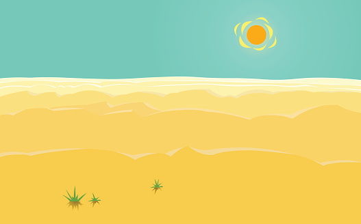 Vector illustration of gigantic dunes in the desert, with a huge sun and a big sky in the background. Empty space leaves room for design elements or text.