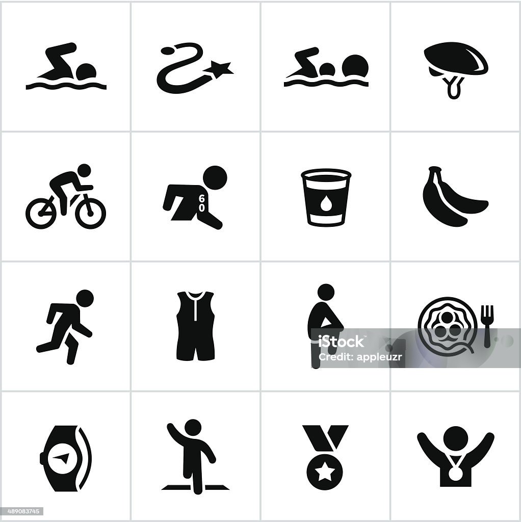 Black Triathlon Icons Triathlon icons. All white strokes/shapes are cut from the icons and merged allowing the background to show through. Achievement stock vector