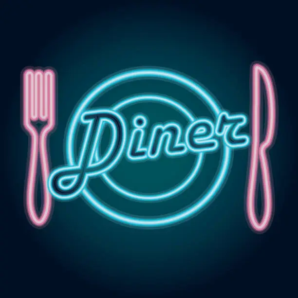 Vector illustration of Late night retro Diner Restaurant placesetting neon sign