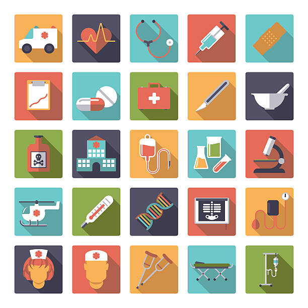 ilustraciones, imágenes clip art, dibujos animados e iconos de stock de médicos y cuidado de salud de diseño plano vector iconos colección - medicina de emergencia