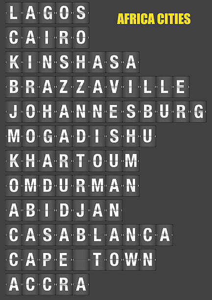 Names of African Cities on Split flap Flip Board Display Names of African cities on old fashion split-flap display like travel destinations in airport flight information display system and railway stations timetable. Vector illustration. abidjan airport stock illustrations