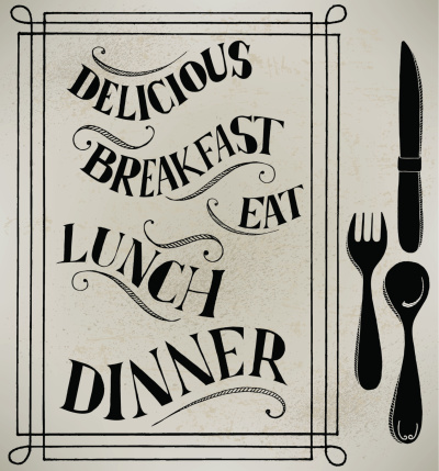Pen and ink style illustration of Menu Items - Breakfast, Lunch and Dinner. Check out my 
