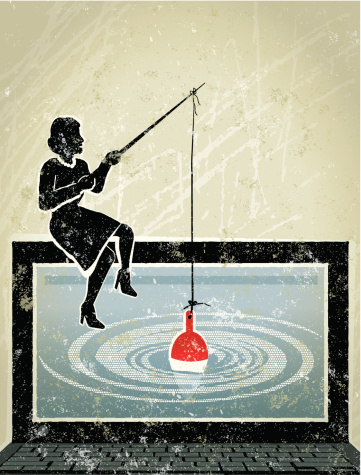 Phishing! A stylized vector cartoon of a Businesswoman fishing in a computer, reminiscent of an old screen print poster and suggesting work, cybercrime, web search, search engine, phishing, online, surfing the web or e-commerce. Computer, woman, lure, ripples, paper texture, and background are on different layers for easy editing. Please note: this is an eps 10 illustration and clipping masks have been used.