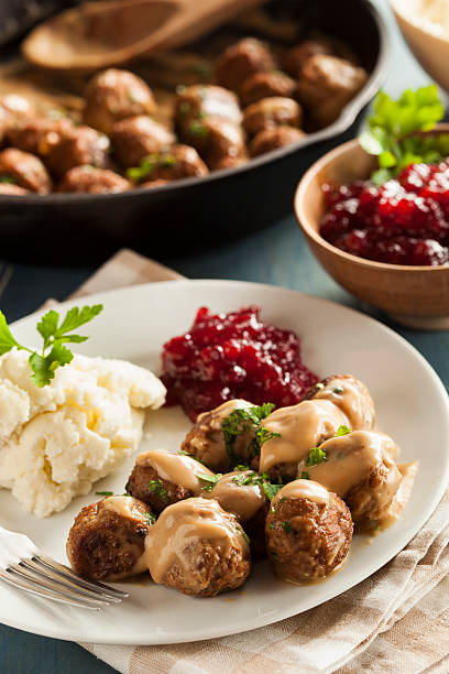 homemade swedish meatballs with cream sauce - potatis sweden bildbanksfoton och bilder