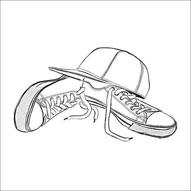 ilustraciones, imágenes clip art, dibujos animados e iconos de stock de ilustración vectorial con zapatillas y gorra de béisbol - illustration and painting pencil drawing image sports shoe