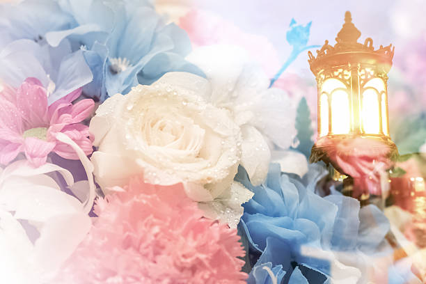 vintage lamp and soft blur pastel flower bouquet background