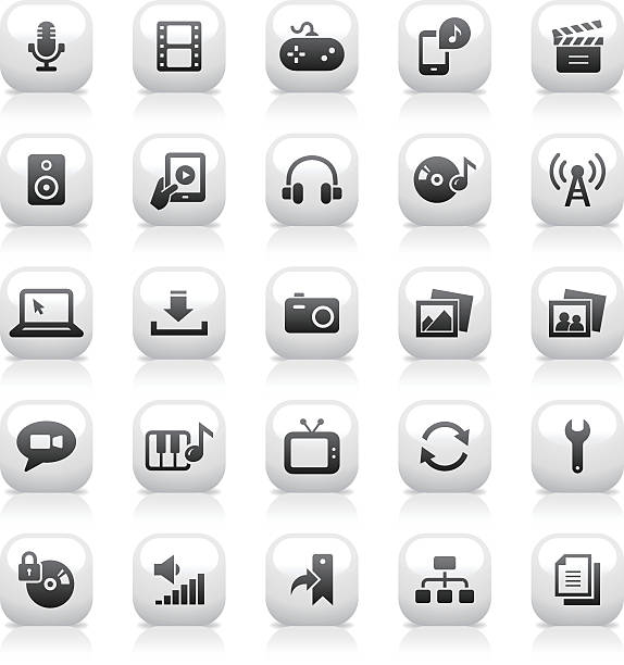 ilustraciones, imágenes clip art, dibujos animados e iconos de stock de botón blanco conjunto de iconos de los medios / - multimedia gamepad television photograph