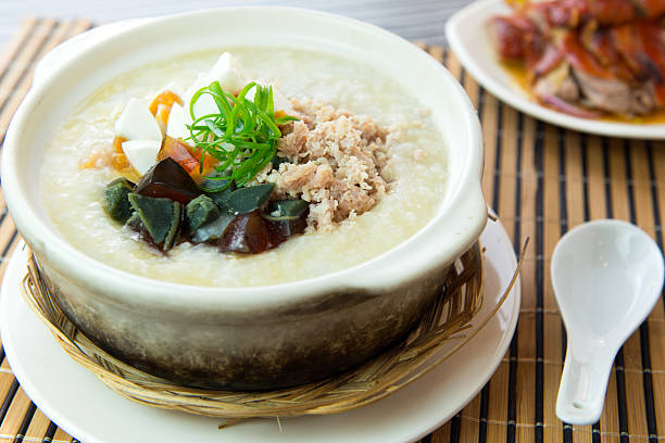 istock Salted and preserved egg chicken floss congee 489112912