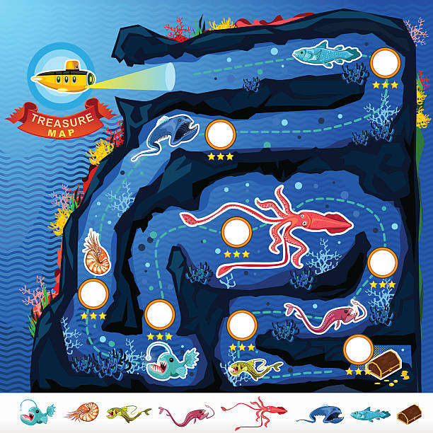 stockillustraties, clipart, cartoons en iconen met deep sea exploration treasure game map - squid games