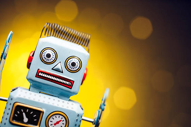 istock Retro tin toy robot portrait  - Humor Yellow 489118113