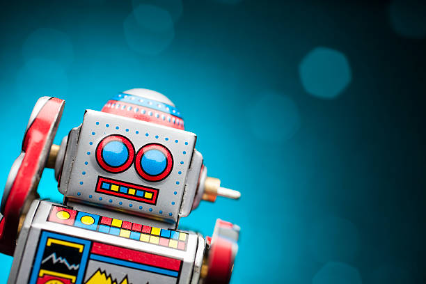 istock Retro tin toy robot portrait  - Humor Blue 489118115