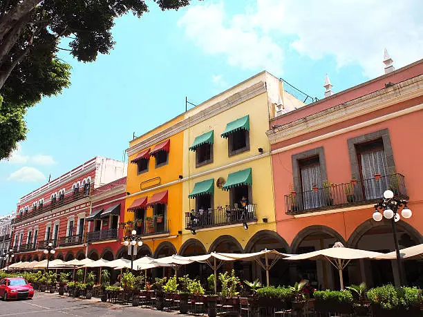 Downtown Puebla City, Puebla Mexico.  Shops and restaurants.