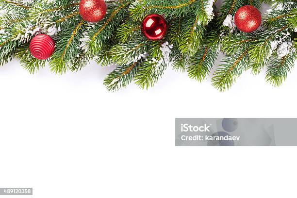 Christmas Tree Branch With Baubles Stock Photo - Download Image Now - 2015, Blank, Border - Frame