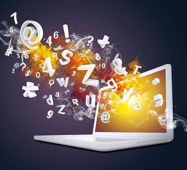 Laptop emits letters, numbers and smoke Laptop emits letters, numbers and colored smoke. Technology concept coming out of computer screen stock pictures, royalty-free photos & images