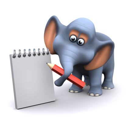 3d render of an elephant with notepad and pencil
