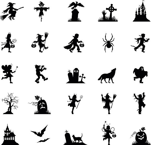ilustrações de stock, clip art, desenhos animados e ícones de preto conjunto de ícone de halloween - halloween witch child pumpkin