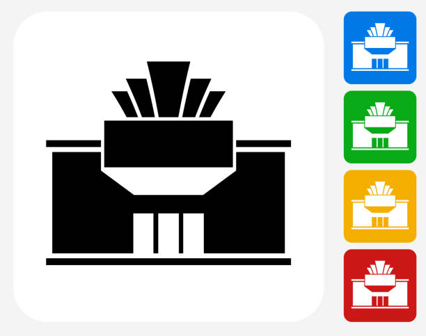 Movie Theatre Icon Flat Graphic Design Movie Theatre Icon. This 100% royalty free vector illustration features the main icon pictured in black inside a white square. The alternative color options in blue, green, yellow and red are on the right of the icon and are arranged in a vertical column. theatre building stock illustrations