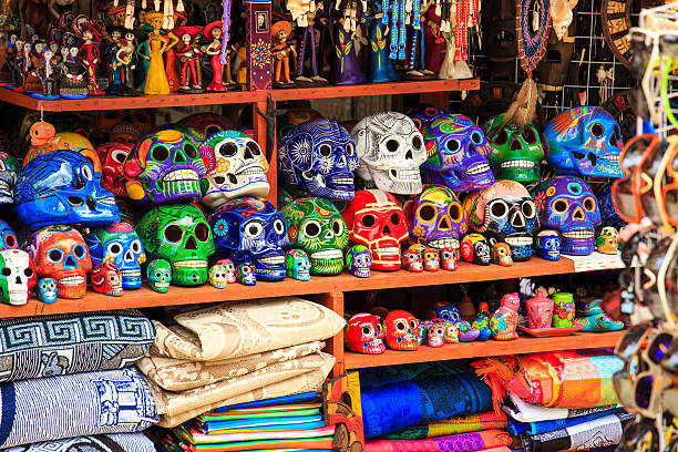 Mexican souvenirs Colorful skulls souvenirs in Playa del Carmen, Mexico souvenir stock pictures, royalty-free photos & images