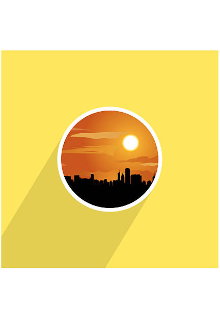 skyline der stadt bei sonnenuntergang. runde symbol. - shanghai finance skyline backgrounds stock-grafiken, -clipart, -cartoons und -symbole