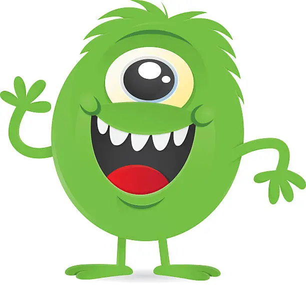 Vector illustration of happy little green one-eyed monster alien character