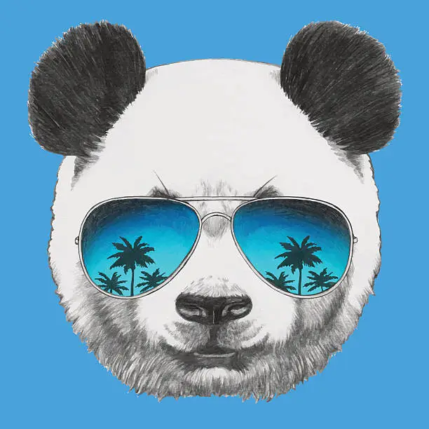 Vector illustration of Portrait of Panda with mirror sunglasses.