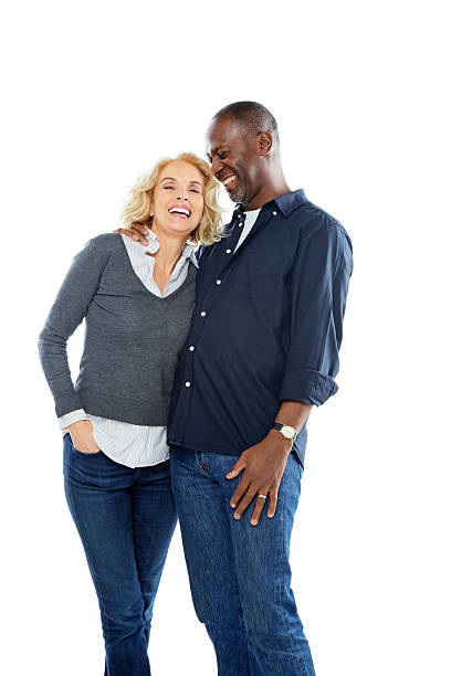 istock Cheerful mature interracial couple together on white 489125517