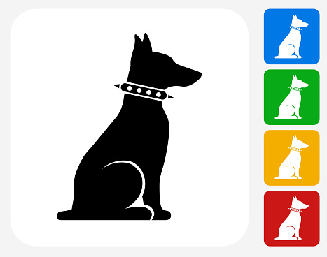 Guard Dog Icon. This 100% royalty free vector illustration features the main icon pictured in black inside a white square. The alternative color options in blue, green, yellow and red are on the right of the icon and are arranged in a vertical column.