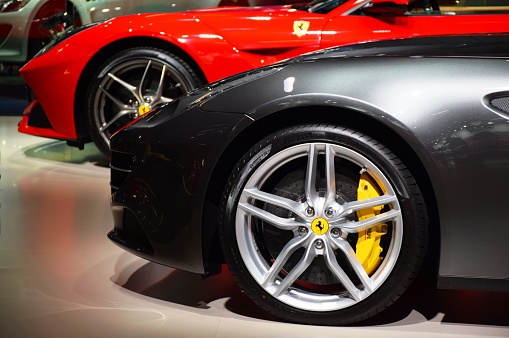 Frankfurt, Germany - September, 15th, 2015: The presentation of Ferrari supercars on the motor show. These vehicles are the ones of the most wanted and expensive cars in the world.