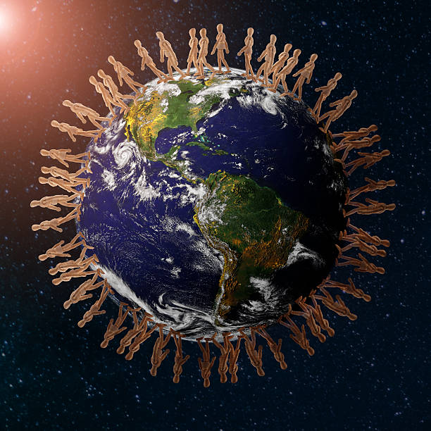 3D figures with different colors holding hands standing around the globe. Adobe Illustrator and Photoshop used for world texture map modifications. Original texture link: https://eoimages.gsfc.nasa.gov/images/imagerecords/73000/73580/world.topo.bathy.200401.3x5400x2700.jpg