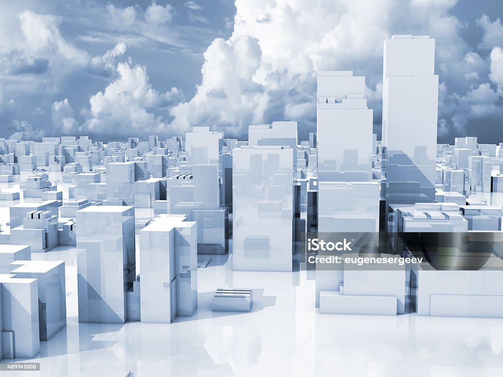 Abstract 3d cityscape, skyline of skyscrapers Abstract 3d cityscape, skyline with shining skyscrapers under blue cloudy sky City Stock Photo