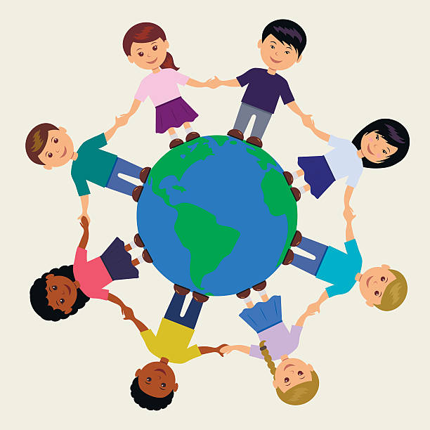 Illustration of kids around the Earth Vector illustration of kids around the Earth kids holding hands stock illustrations