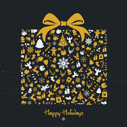 Golden christmas gift box illustration with yellow golden christmas icons. Eps8.