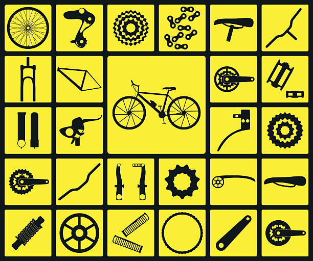 zestaw czarna sylwetka ikony rower części zamienne. - bicycle cycling bicycle pedal part of stock illustrations