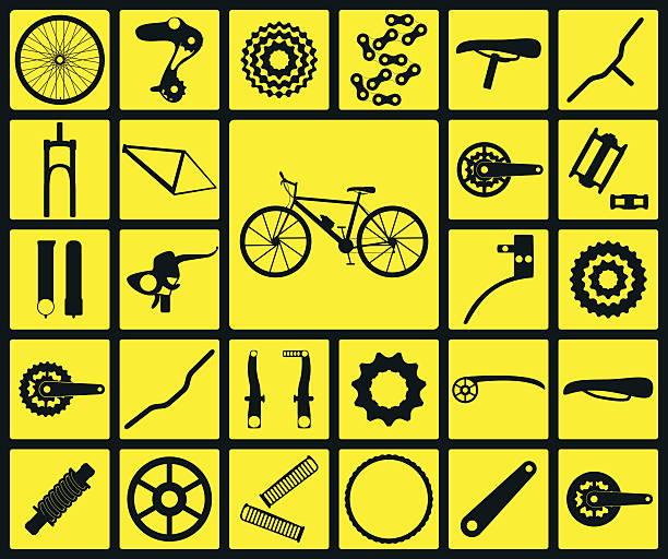 Set of black silhouette icons of bicycle spare parts. Set of black silhouette icons of bicycle spare parts. Twenty seven icons, infographic elements. Vector illustration chainring stock illustrations