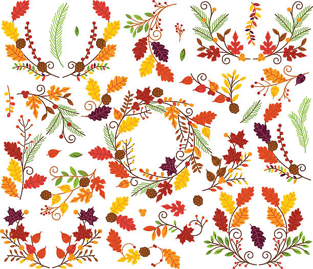 Vector Collection of Autumn and Thanksgiving Themed Floral Elements Vector Collection of Autumn and Thanksgiving Themed Floral Elements or Laurels.  thanksgiving holiday silhouettes stock illustrations