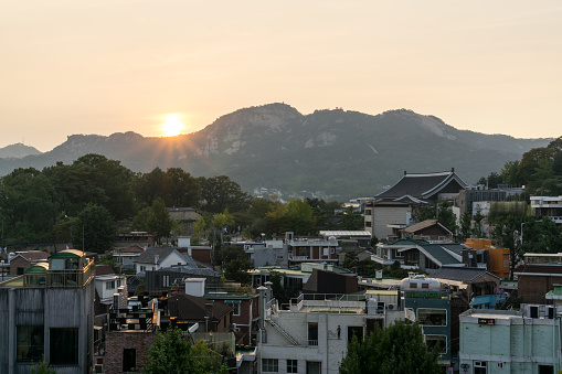samcheongdong sunset view taken from bukchon hanok village in seoul, south korea