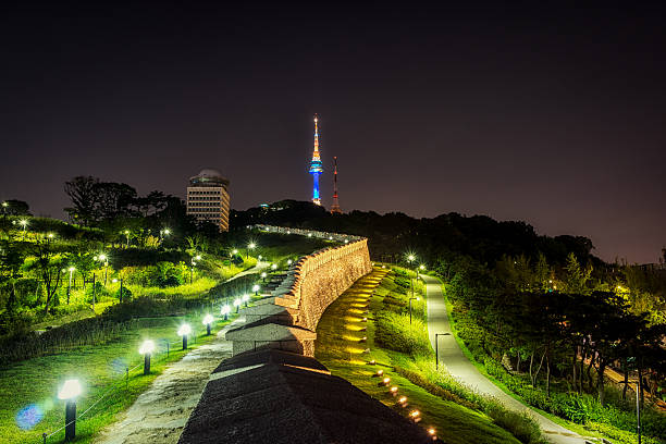 castle walls leading up to the n seoul tower, taken in seoul, south korea. Namsan Seonggwak Park.