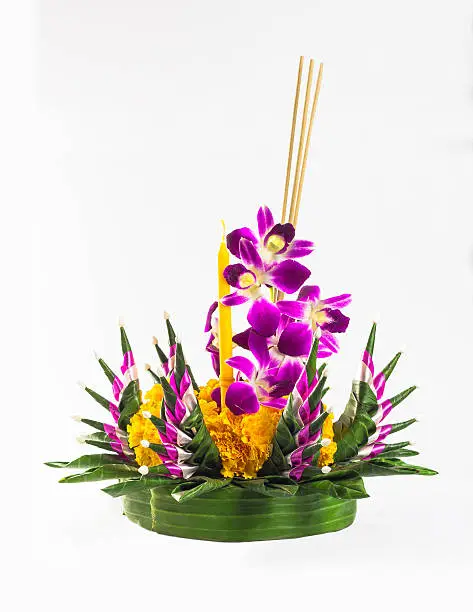 Photo of Beautiful krathong of Thailand on white background - Side view