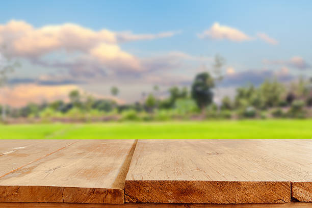 istock Empty table and field of grass and perfect sky background 489167126