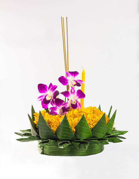 Krathong of Thailand on white background - Side view Loi Krathongis a festival celebrated annually throughout southwestern Tai cultures, (Thailand, Laos, Shan, Tanintharyi, Kelantan, Kedah and Xishuangbanna). The name could be translated as "to float a basket", and comes from the tradition of making krathong or buoyant, decorated baskets, which are then floated on a river. krathong stock pictures, royalty-free photos & images