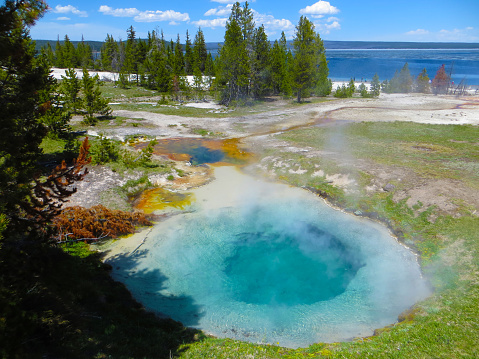 Steaming hot volcanic vent by the lake at Yellowstone National Park