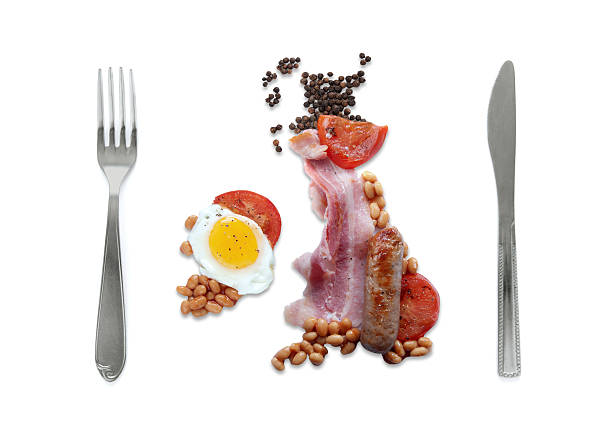 English breakfast in the shape of the United Kingdom map over a white background