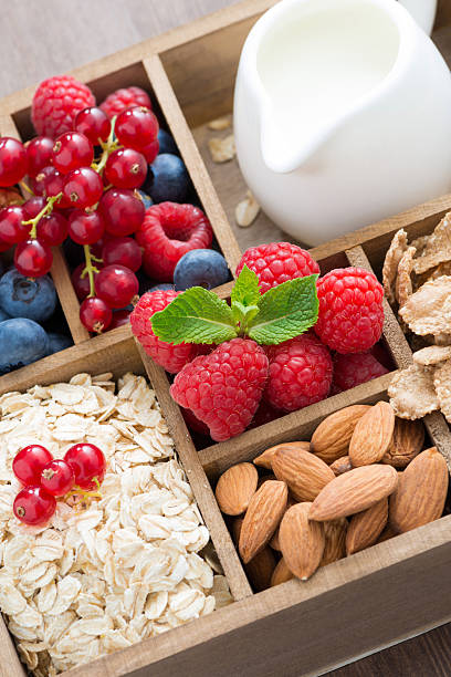 istock box with breakfast items - oatmeal, granola, nuts, berries 489170810