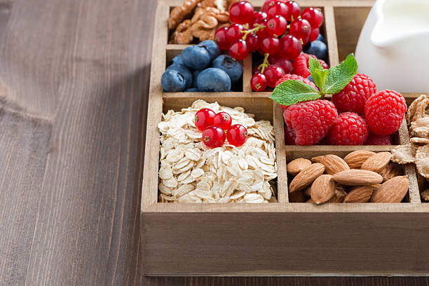 istock box with breakfast items - oatmeal, granola, nuts, berries 489171136