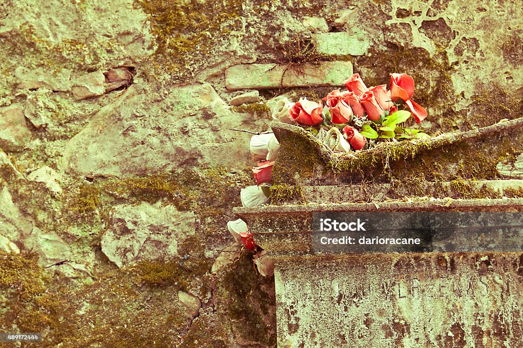 roses on the old tomb Gravestone with red rose  Halloween attributive 2015 Stock Photo